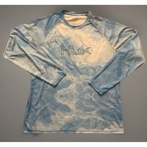 HUK Long Sleeve Shirt Performance Fishing Gear Water Pattern Blue Logo XL JBHS